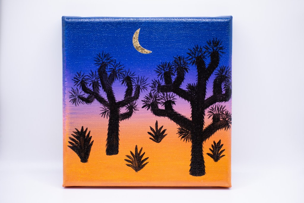 painting of joshua trees with dark color gradient background and foil moon