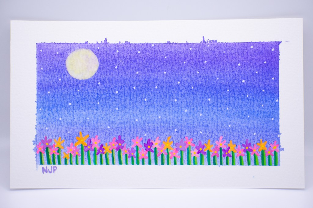 watercolor painting of flowers and the moon