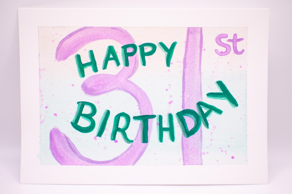 custom painted watercolor birthday card with the number 31