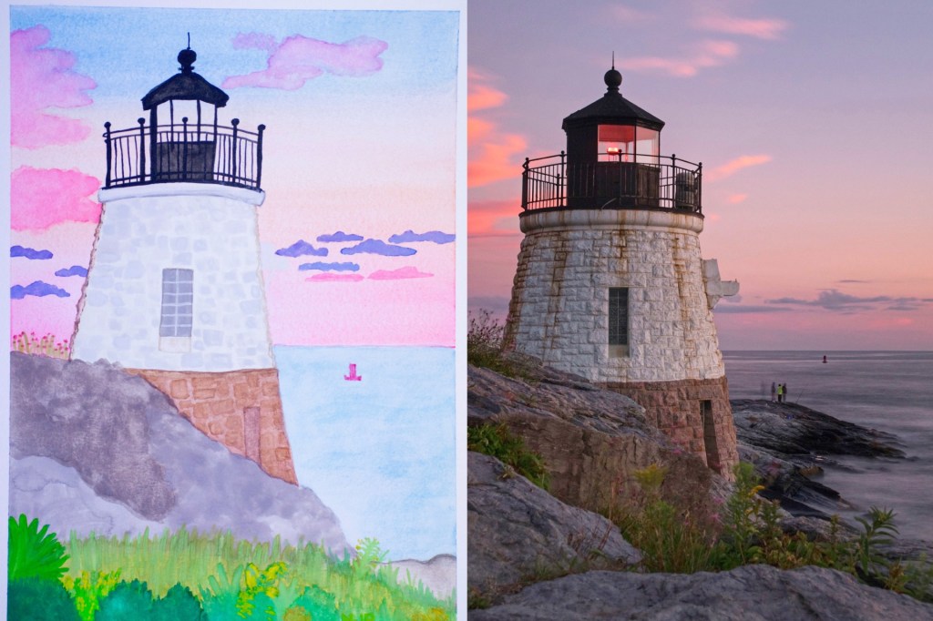painting of a lighthouse next to photo of the same lighthouse