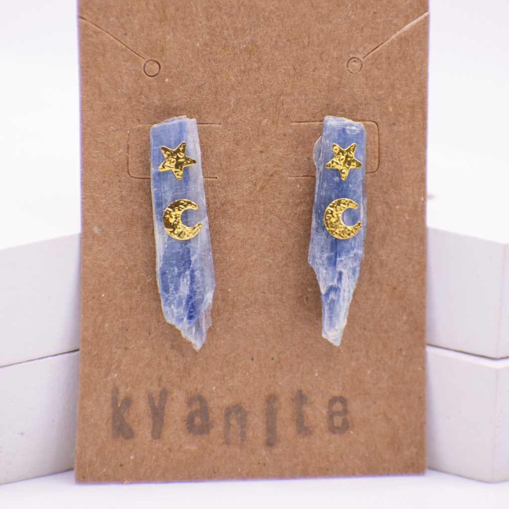 blue kyanite earrings with gold moon and stars